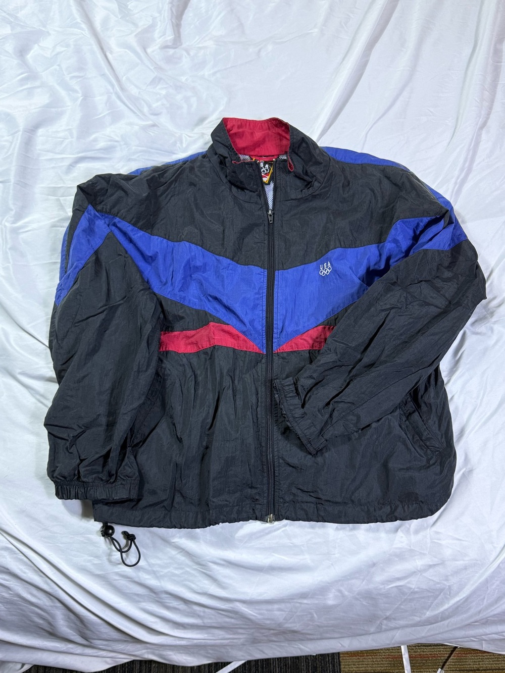Vintage Olympic USA Men's Black Windbreaker Jacket with Blue and Red Accents